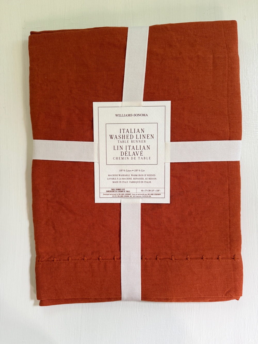 NWT Williams Sonoma Italian Washed Linen Table Runner Pumpkin Orange 18 x 108
